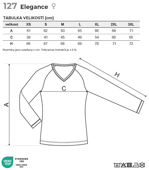 127 Elegance triko dámské Tabulka velikostí